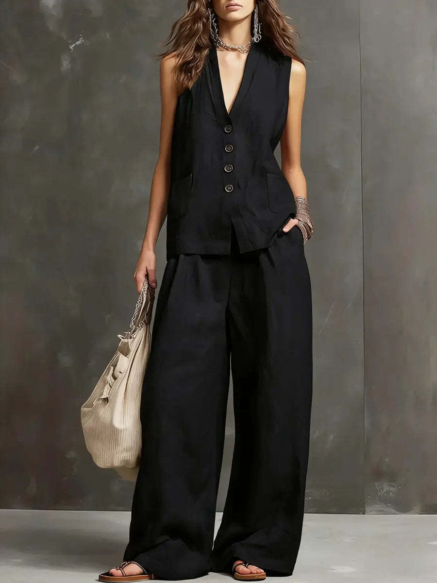 Mariana™ | Conjunto Algodón y Lino Chaleco y Pantalón Ancho