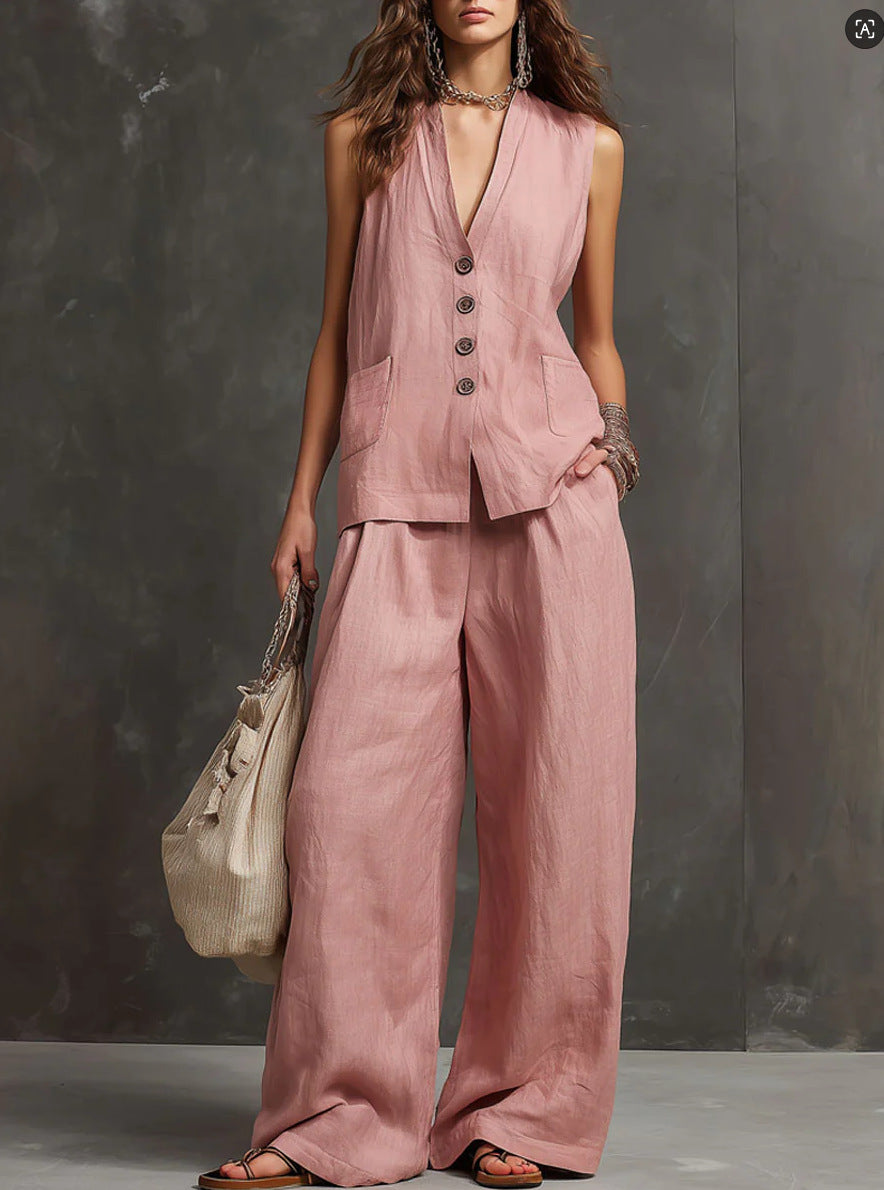 Mariana™ | Conjunto Algodón y Lino Chaleco y Pantalón Ancho