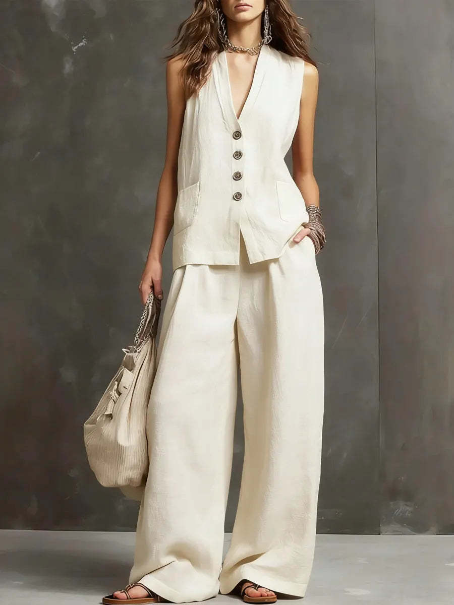 Mariana™ | Conjunto Algodón y Lino Chaleco y Pantalón Ancho