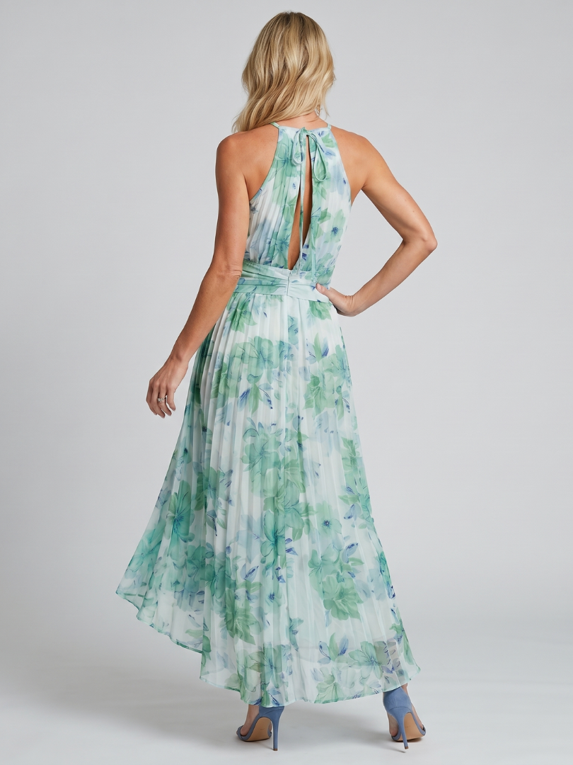 Ximena™ | Vestido Midi Halter Plisado con Estampado Floral Suave