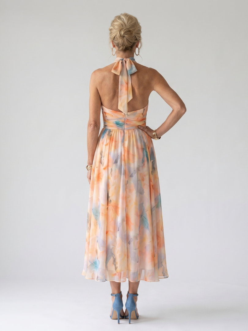 Sofía™ | Vestido Midi Halter Suave con Cuerpo Fruncido