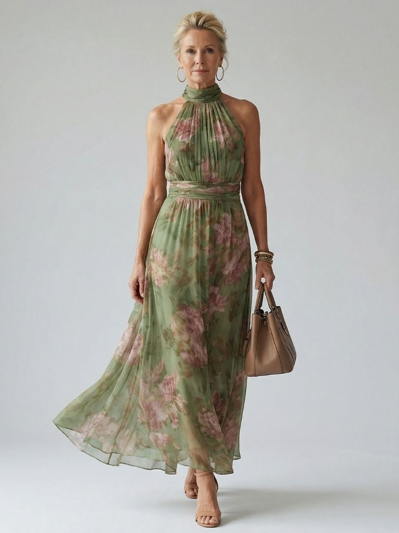 Valentina™ | Vestido Midi Halter con Cuerpo Fruncido Floral