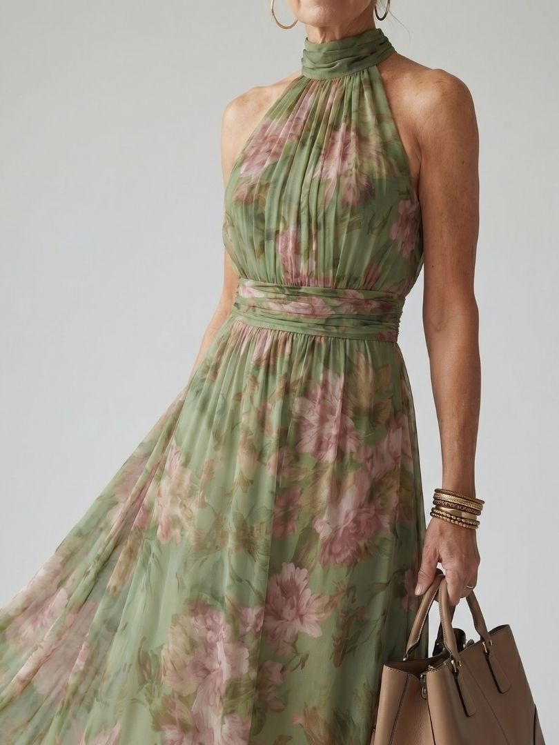 Valentina™ | Vestido Midi Halter con Cuerpo Fruncido Floral