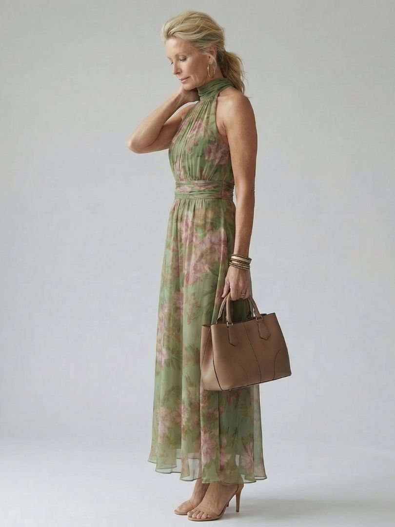 Valentina™ | Vestido Midi Halter con Cuerpo Fruncido Floral