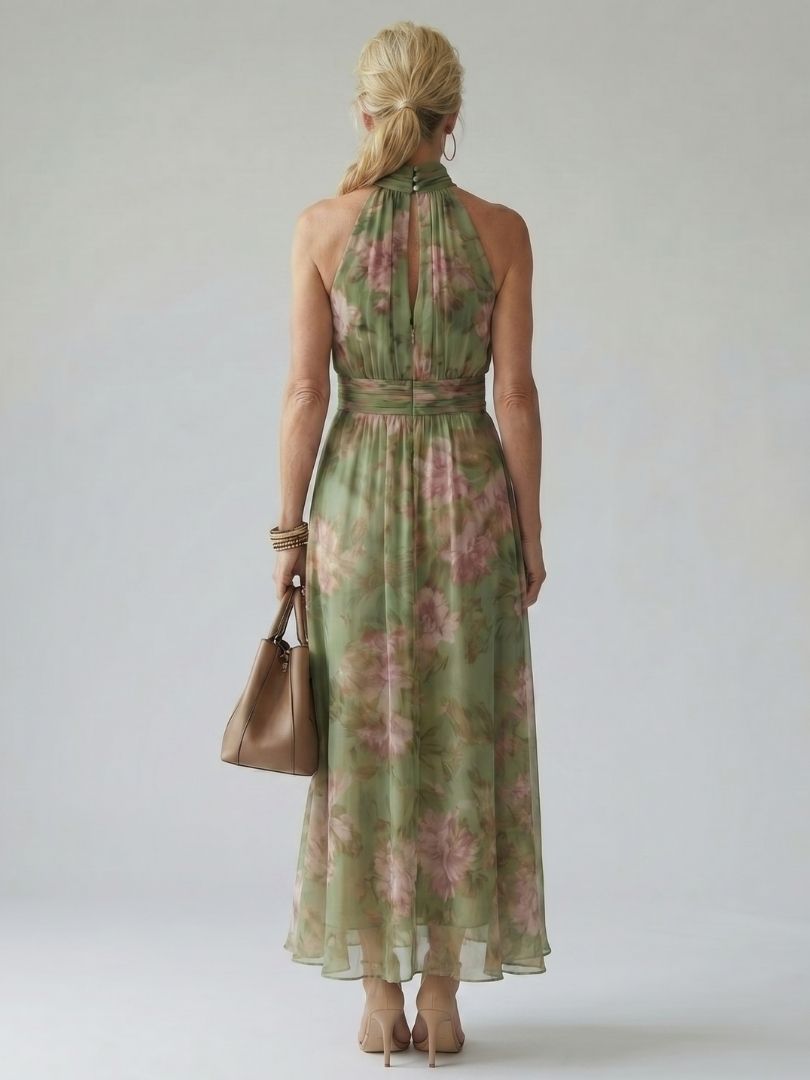 Valentina™ | Vestido Midi Halter con Cuerpo Fruncido Floral