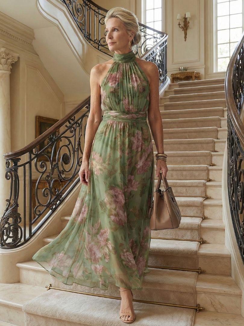 Valentina™ | Vestido Midi Halter con Cuerpo Fruncido Floral