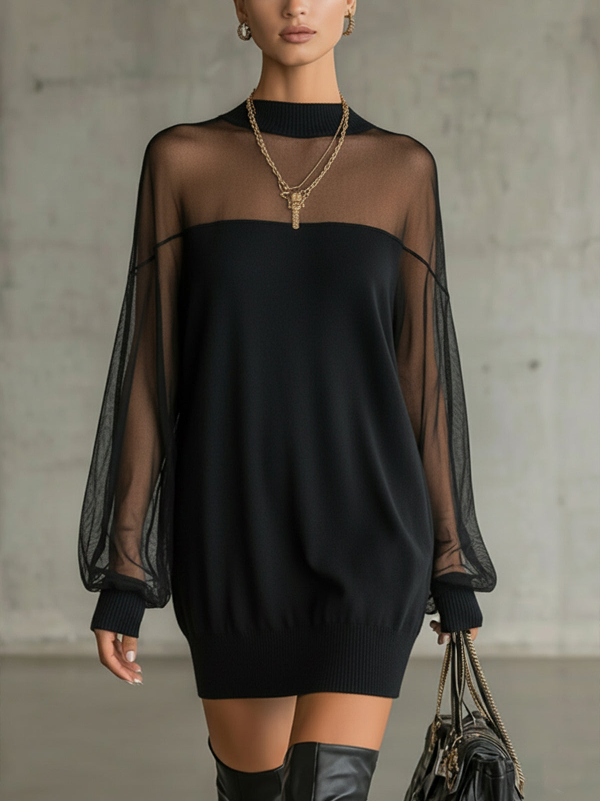 Amparo™ | Vestido Mini Elegante Negro con Mangas de Malla