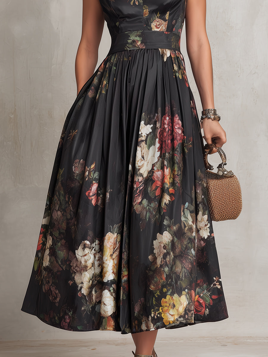 Daniela™ | Vestido midi negro de satín plisado con cuello ojo de cerradura