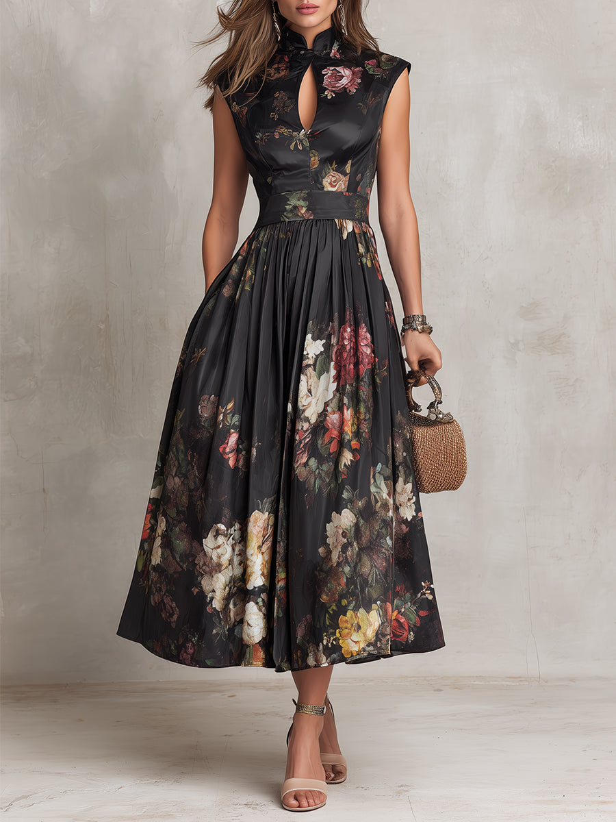 Daniela™ | Vestido midi negro de satín plisado con cuello ojo de cerradura