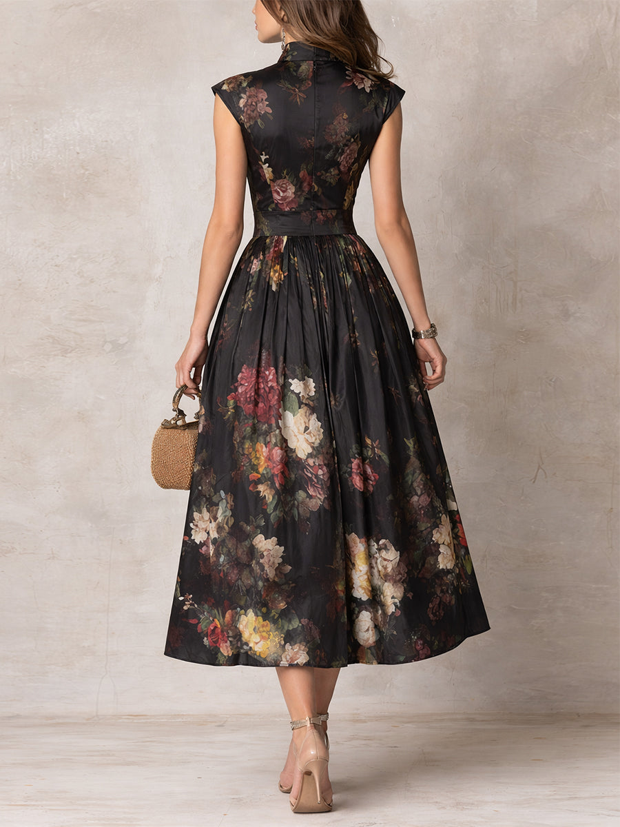 Daniela™ | Vestido midi negro de satín plisado con cuello ojo de cerradura