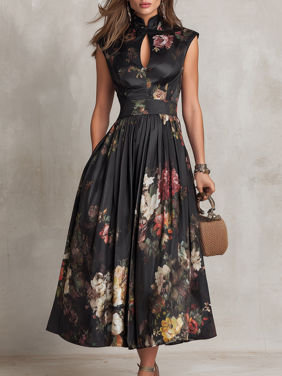 Daniela™ | Vestido midi negro de satín plisado con cuello ojo de cerradura