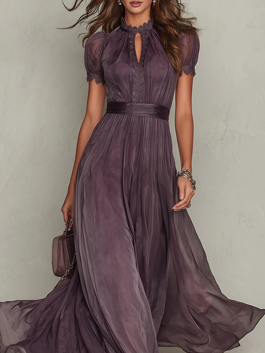 Dulce™ | Vestido maxi morado de gasa con cuello ojo de cerradura y encaje