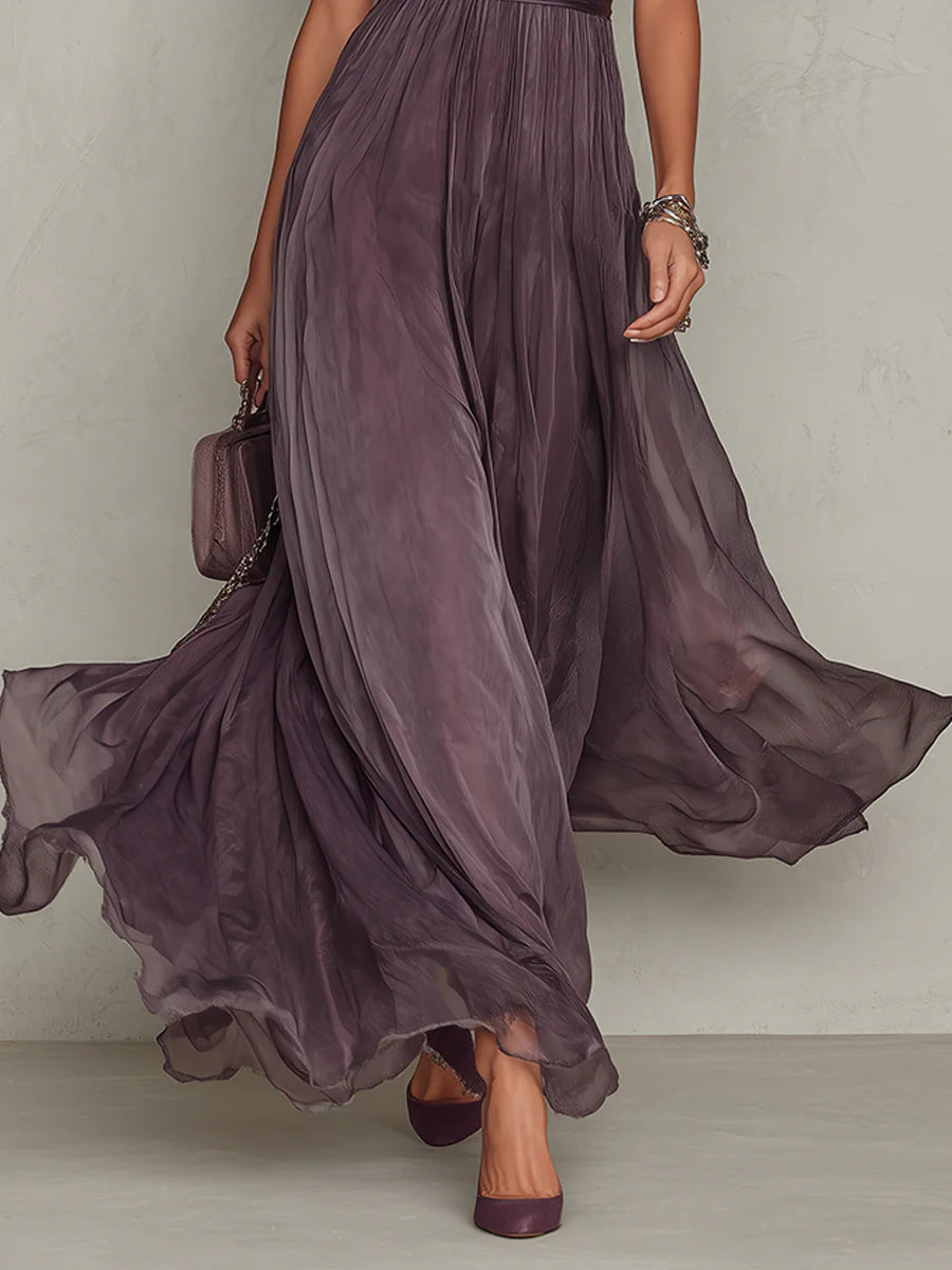 Flavia™ | Vestido Largo Morado con Encaje Chiffon