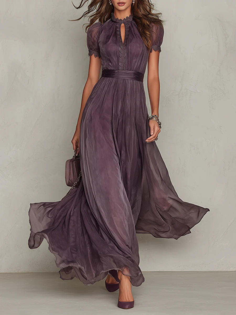 Flavia™ | Vestido Largo Morado con Encaje Chiffon