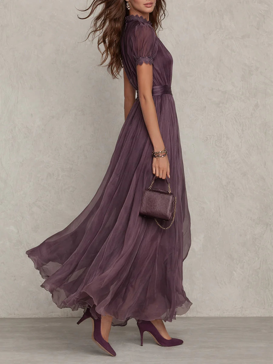 Dulce™ | Vestido maxi morado de gasa con cuello ojo de cerradura y encaje