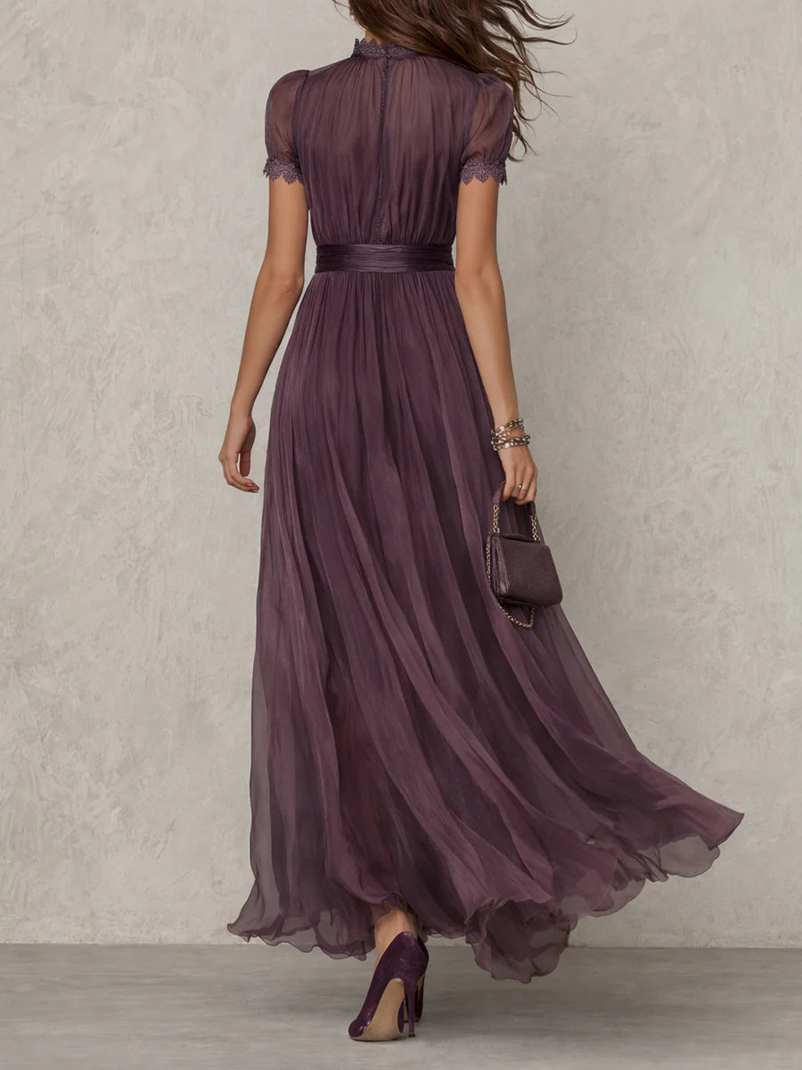 Flavia™ | Vestido Largo Morado con Encaje Chiffon