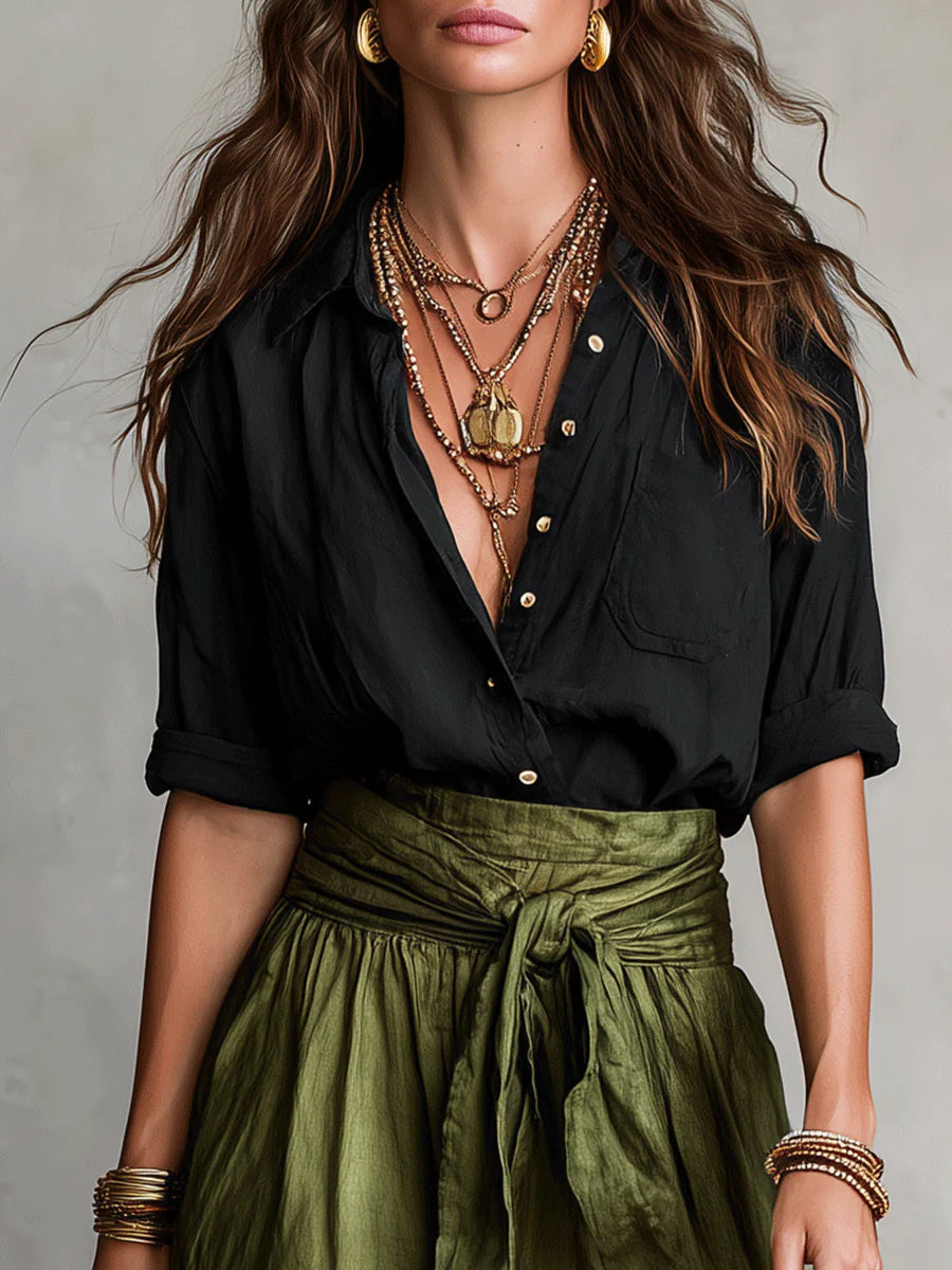 Rocío™ | Conjunto Camisa Negra y Falda Midi