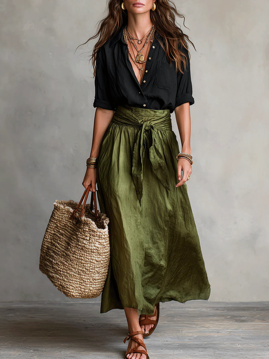 Rocío™ | Conjunto Camisa Negra y Falda Midi