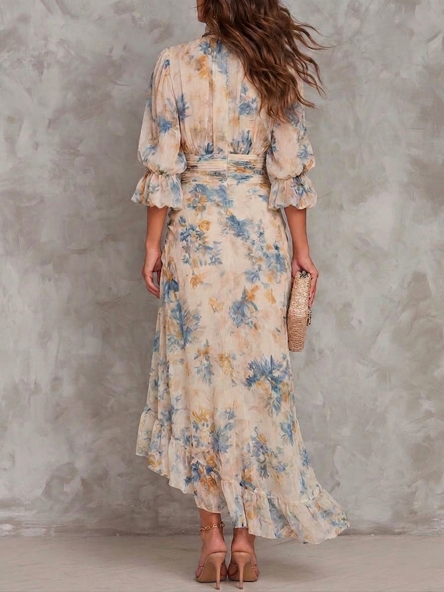 Guadalupe™ | Vestido maxi beige de cuello alto con estampado floral tipo óleo
