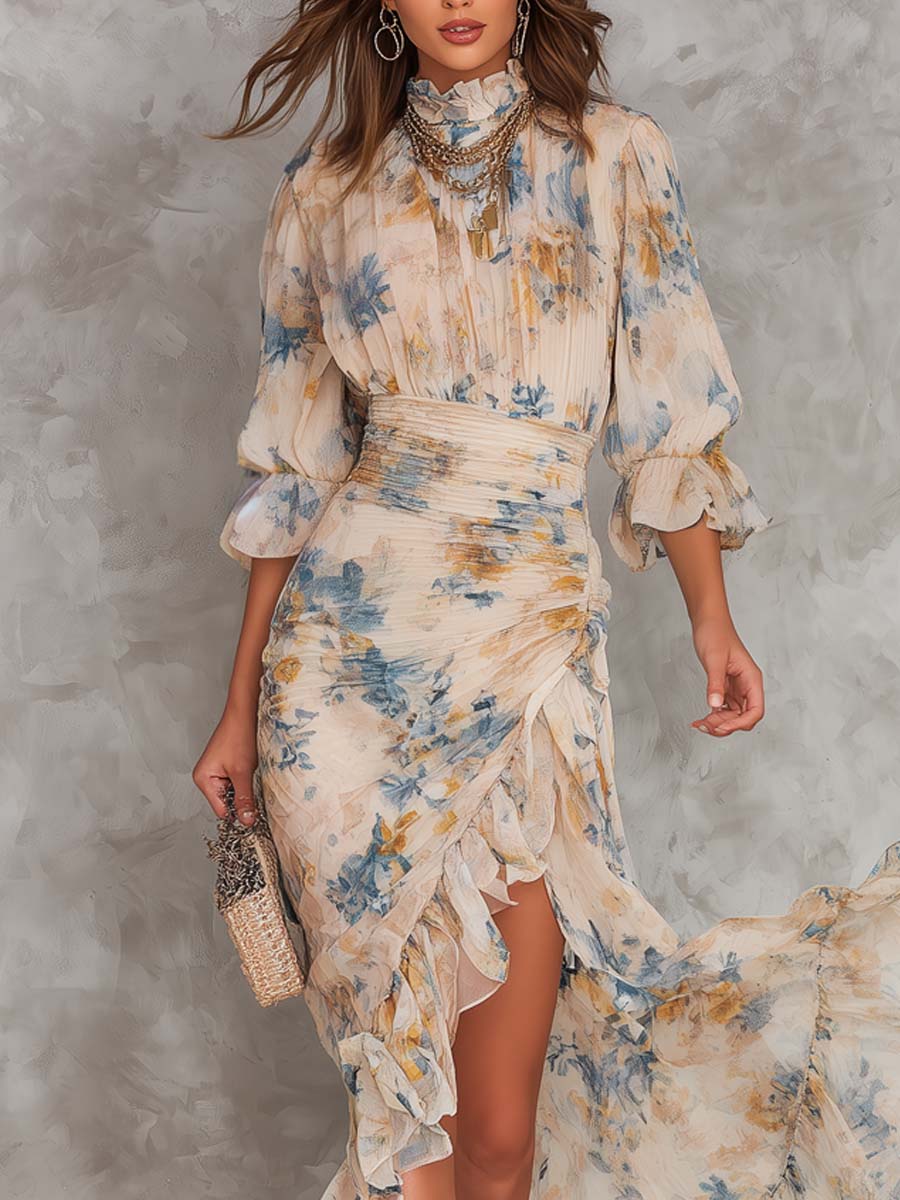 Guadalupe™ | Vestido maxi beige de cuello alto con estampado floral tipo óleo