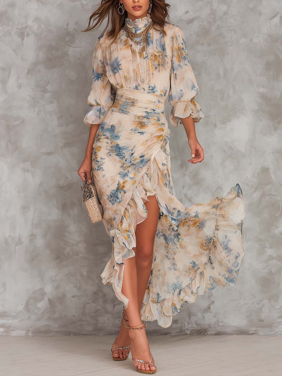 Guadalupe™ | Vestido maxi beige de cuello alto con estampado floral tipo óleo
