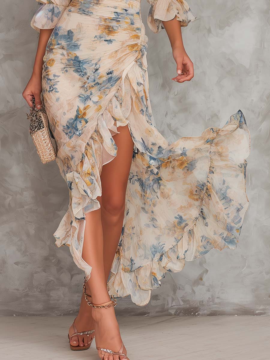 Guadalupe™ | Vestido maxi beige de cuello alto con estampado floral tipo óleo