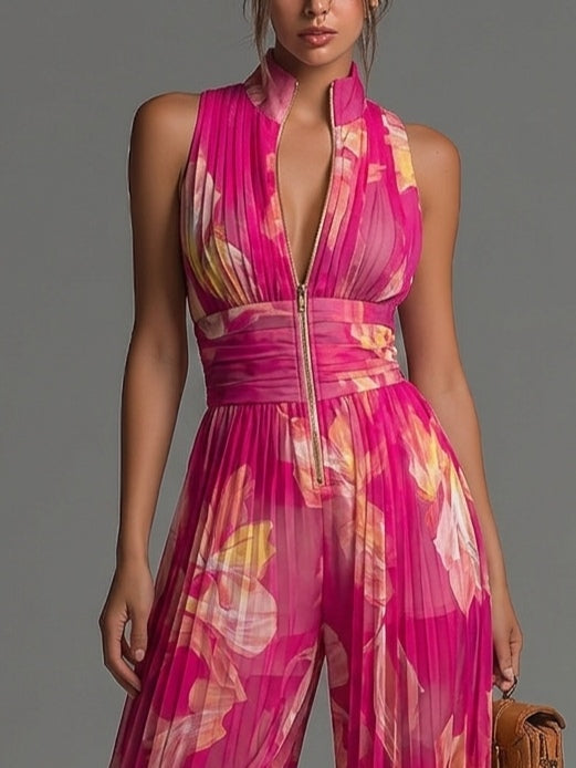 Citlali™ | Jumpsuit fucsia floral de pierna ancha, plisado, sin mangas