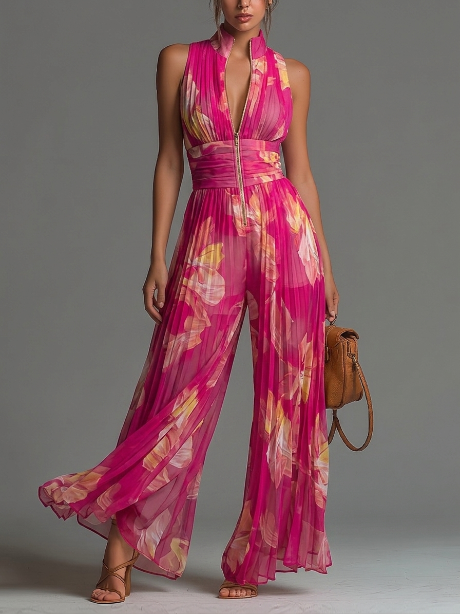 Citlali™ | Jumpsuit fucsia floral de pierna ancha, plisado, sin mangas
