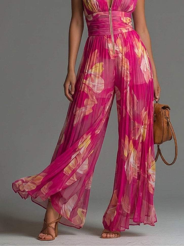 Citlali™ | Jumpsuit fucsia floral de pierna ancha, plisado, sin mangas