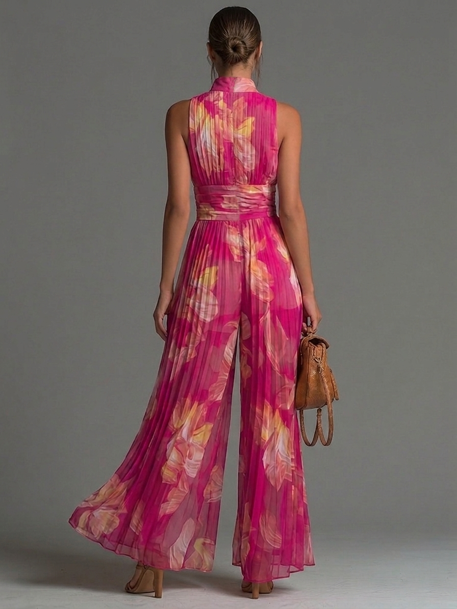 Citlali™ | Jumpsuit fucsia floral de pierna ancha, plisado, sin mangas