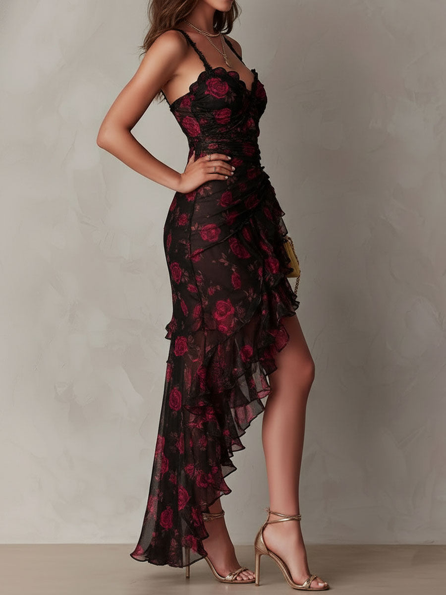 Itzel™ | Vestido floral boho negro y rojo con encaje y dobladillo de volantes