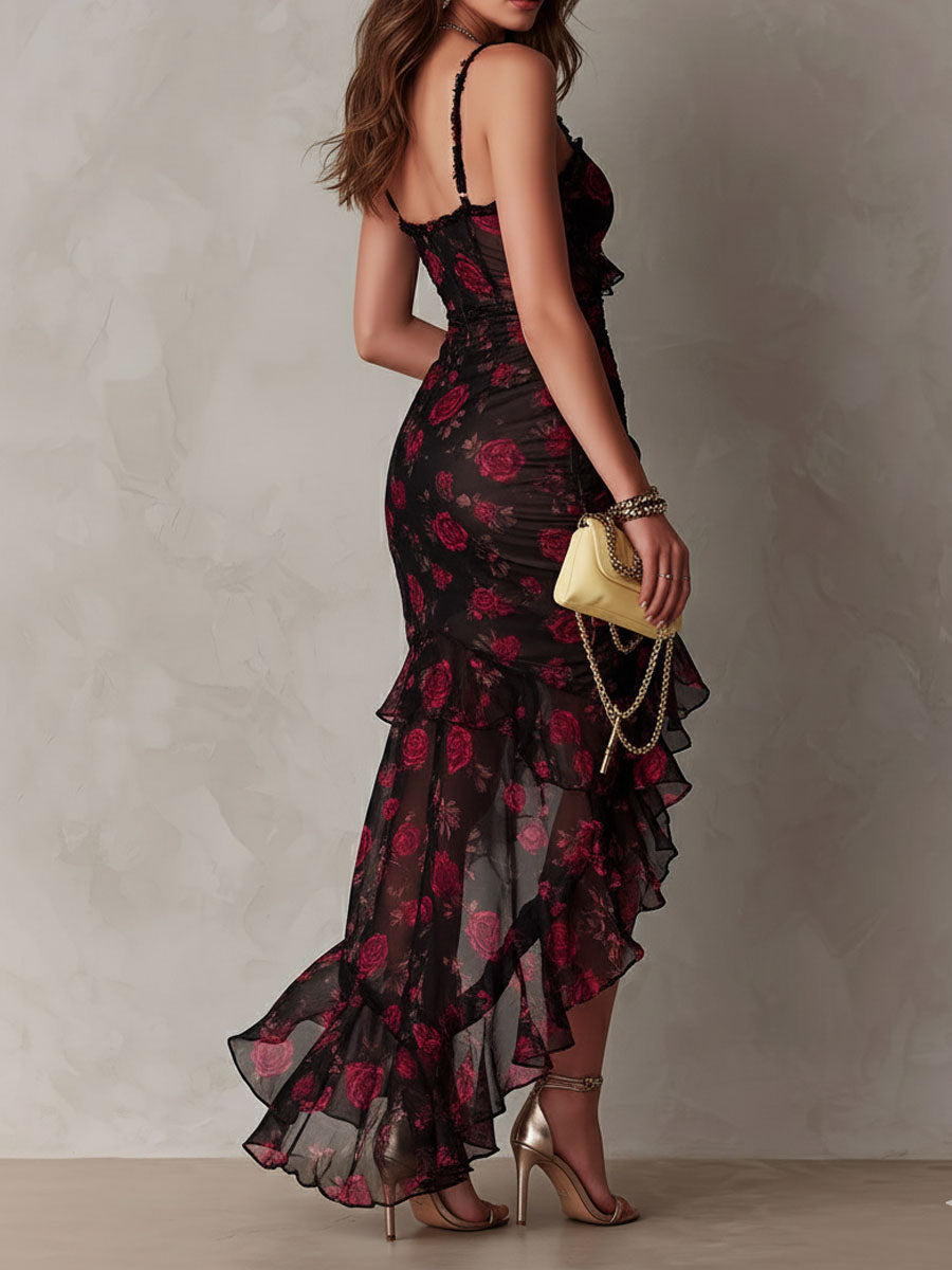 Itzel™ | Vestido floral boho negro y rojo con encaje y dobladillo de volantes