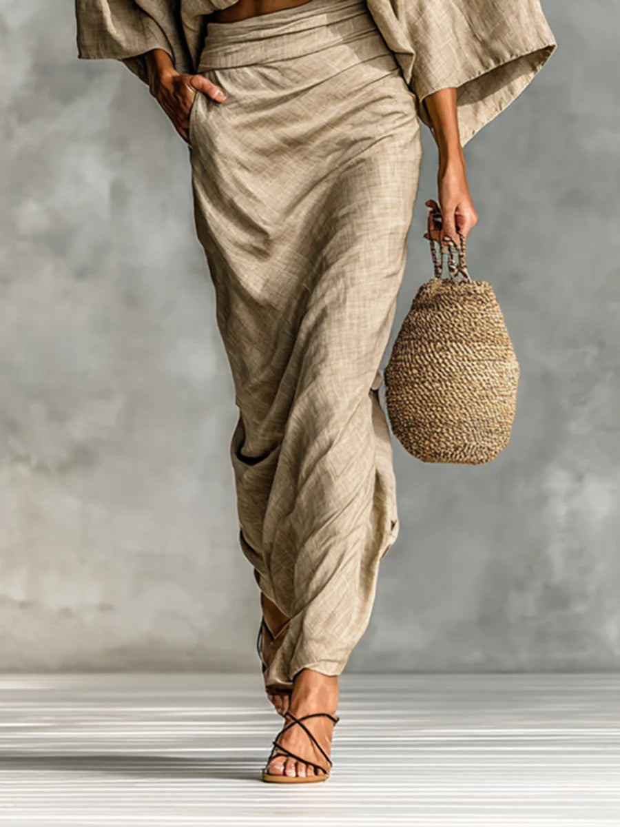 Azalea™ | Conjunto Beige Manga Murciélago y Falda Larga