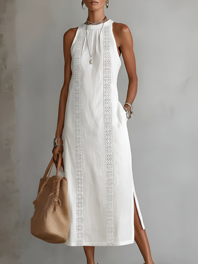 Jimena™ | Vestido Midi Relajado con Cuello Mandarín Bordado
