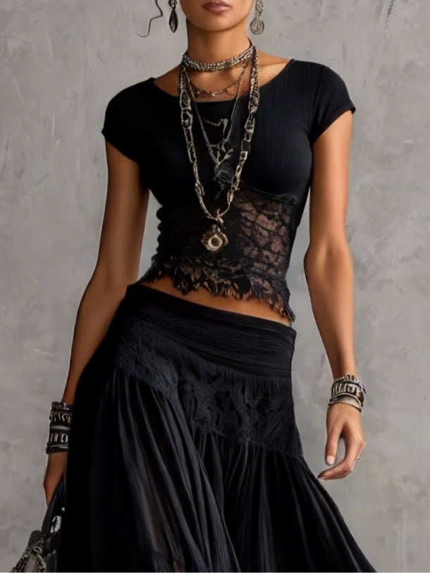 Marisol™ | Conjunto negro de top de encaje transparente y falda maxi plisada