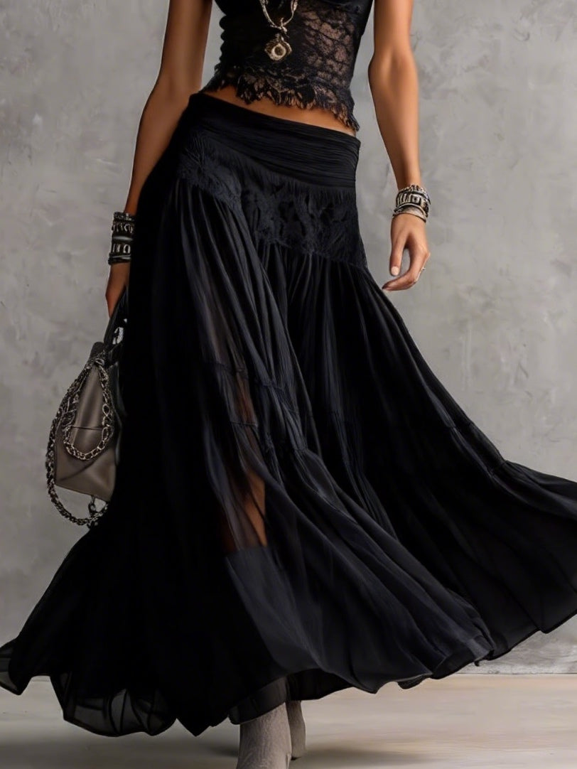 Marisol™ | Conjunto negro de top de encaje transparente y falda maxi plisada