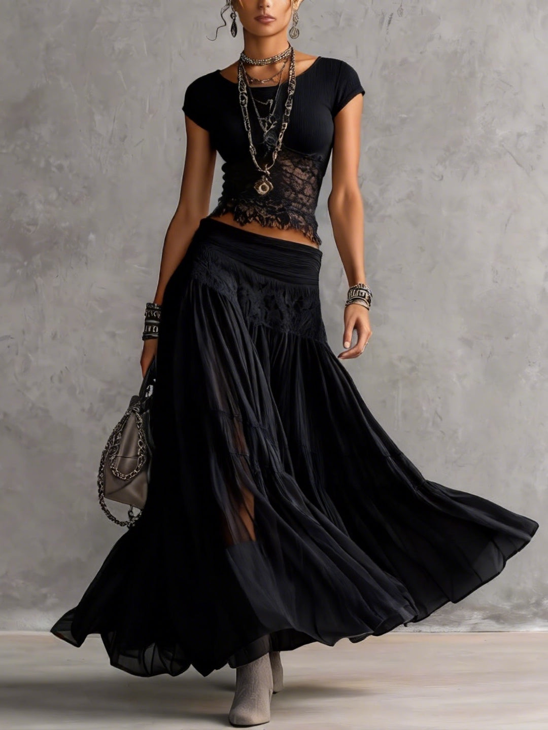 Marisol™ | Conjunto negro de top de encaje transparente y falda maxi plisada