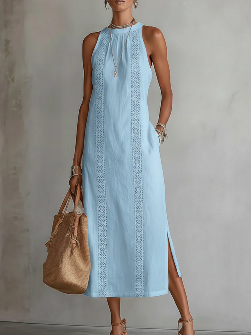 Jimena™ | Vestido Midi Relajado con Cuello Mandarín Bordado