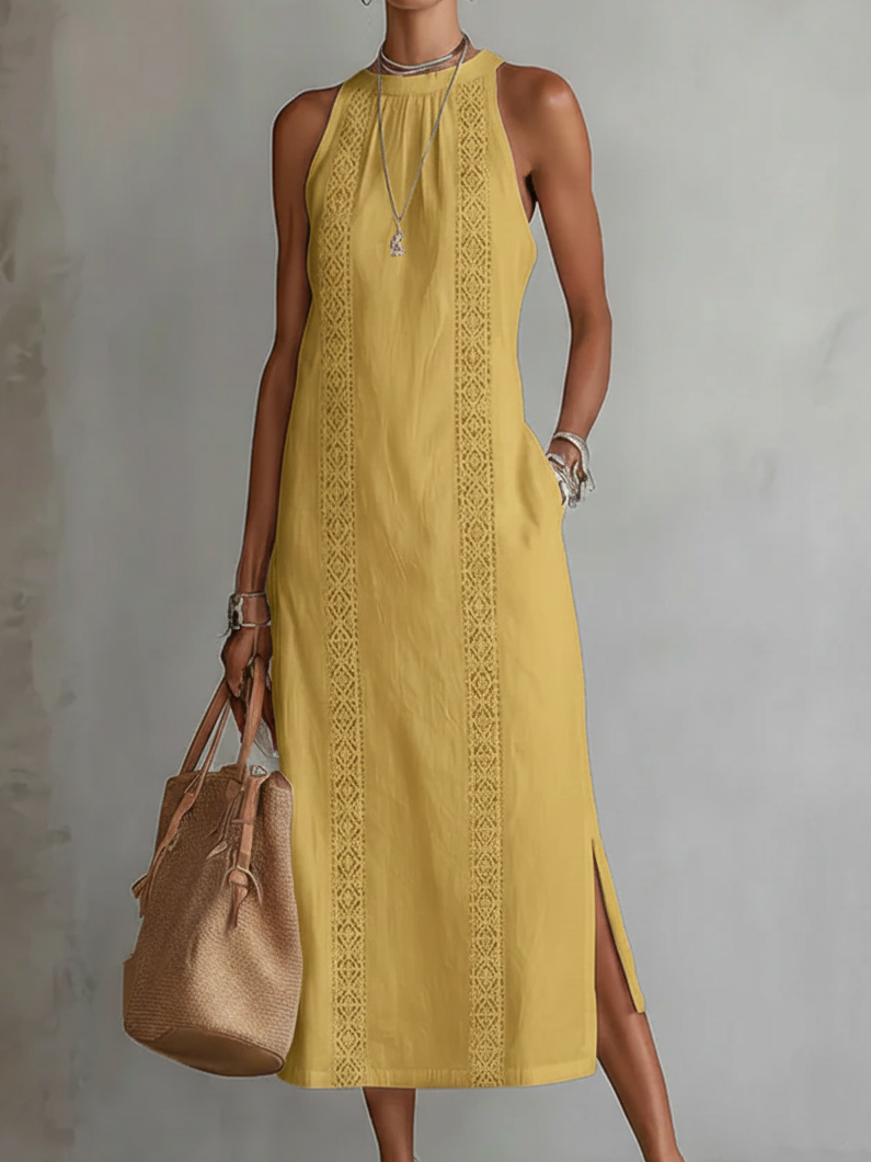 Jimena™ | Vestido Midi Relajado con Cuello Mandarín Bordado