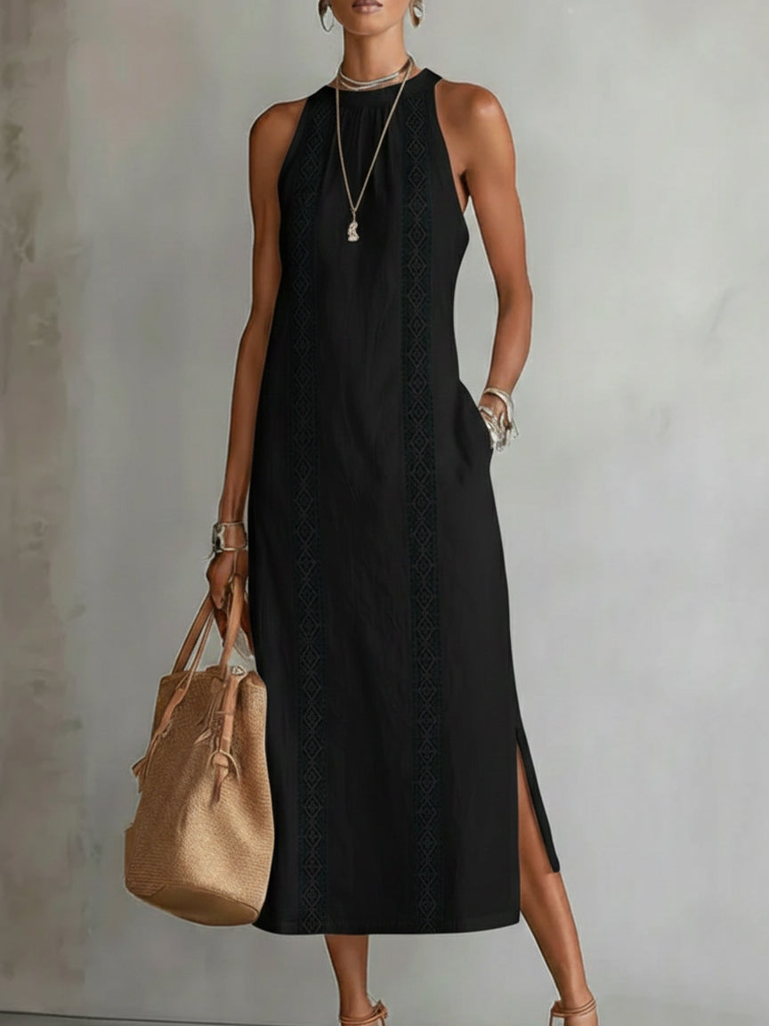 Jimena™ | Vestido Midi Relajado con Cuello Mandarín Bordado